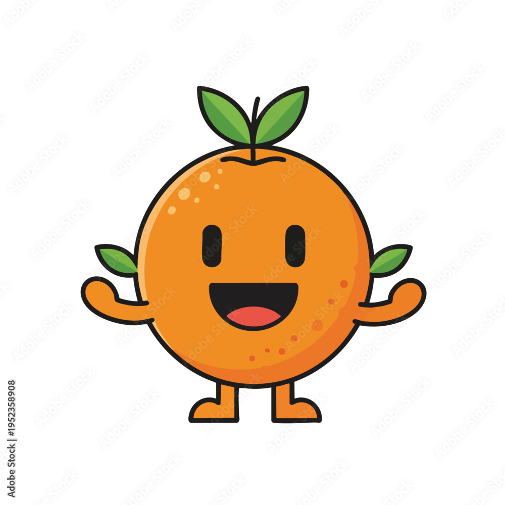 Obraz premium Cartoon orange character with leaves, arms, and legs, smiling broadly