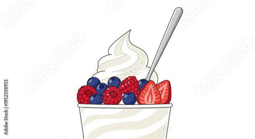 Vector illustration of yogurt parfait with berries and spoon