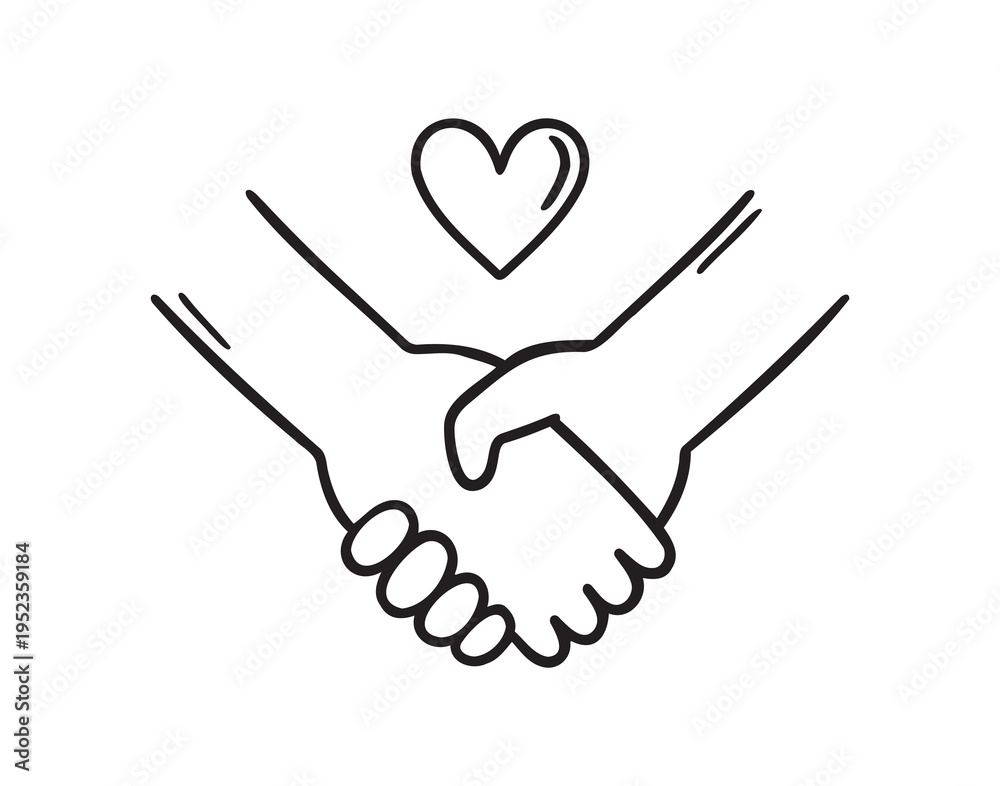Obraz premium Hand drawn hands holding with heart simple line art greeting love unity support