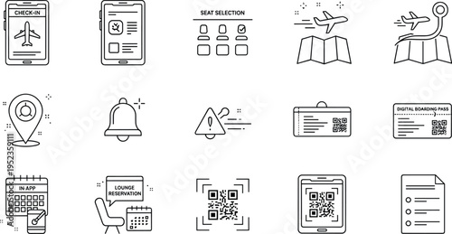 Air Travel and Boarding Process Icon Set Featuring Check-In, Seat Selection, QR Code, and Digital Boarding Pass