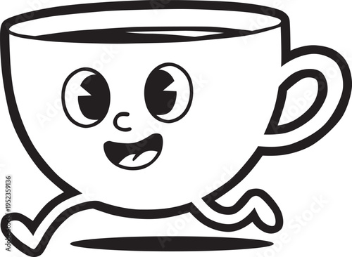 A cartoon teacup with a smiling face and legs is depicted in a playful running motion on a plain white background  victor illustration