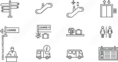 Airport Navigation and Facilities Icon Set Featuring Signs, Luggage, Elevators, Lounges, and Travel Services