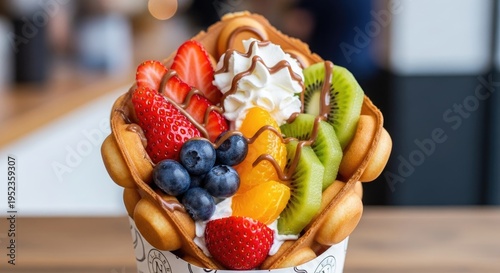 Delicious Bubble Waffle with Fresh Fruits and Cream.