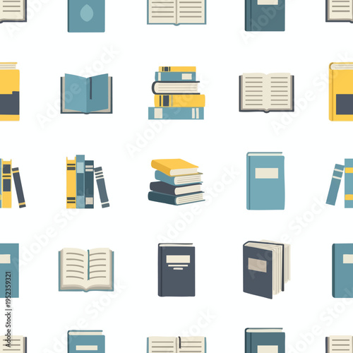 A seamless pattern of various flat-designed books in muted colors
