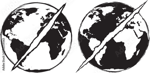 Set of 2 Black and White Earth Globe Icons with Diagonal Slash, Representing Global Issues, Prohibition, or Environmental Concerns Vector