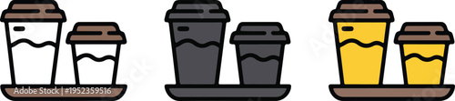 Minimalist Coffee Cup Icon Set Showing Line Art, Silhouette, and Color Disposable Cups on Tray Vector Illustration