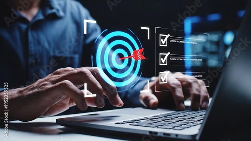 Man using laptop with digital target and checklist overlay, business goal achievement, strategic planning and objective tracking concept, dynamic motion graphic visualization