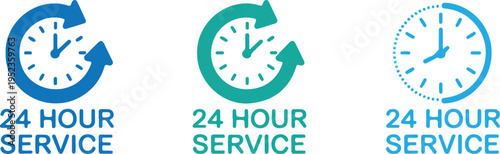 Minimalist 24 Hour Service Icon Set Showing Clock Symbols with Circular Arrows and Continuous Support Vector Design