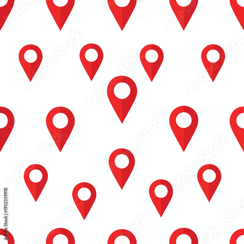 Seamless pattern of red map pins on a white background