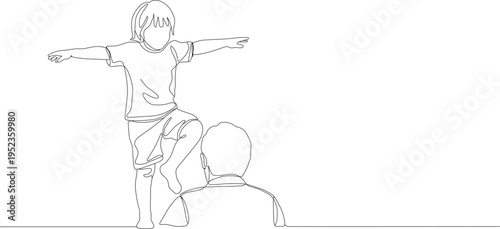 A sketch of a child standing on a man's shoulders with arms outstretched in a simple line drawing on a white background  victor illustration