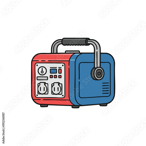 Portable red and blue generator with outlets, display, and handle