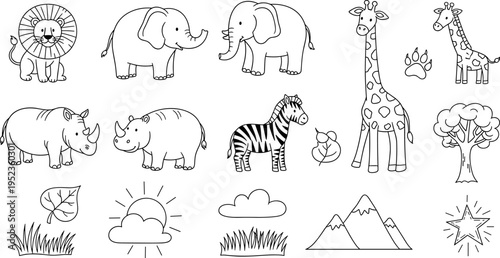 Cute hand-drawn safari animals and nature elements in a simple line art style