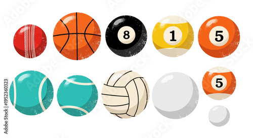 Various sports balls are displayed on a table indoors.