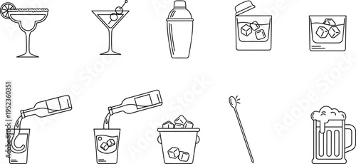Cocktail and Beverage Icon Set Featuring Margarita, Martini, Beer, Ice, and Drink Accessories