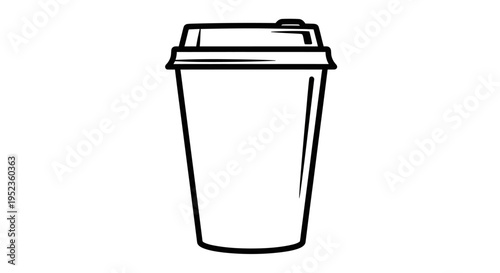 An illustration of a disposable coffee cup with a lid on a table indoors.