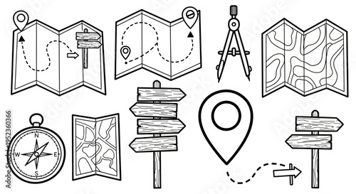 Cartoon illustration of various navigation icons including maps signs and compasses