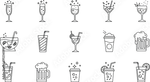 Cocktail and Refreshing Beverage Icon Set Featuring Glasses, Beer, Wine, Smoothies, and Drink Accessories