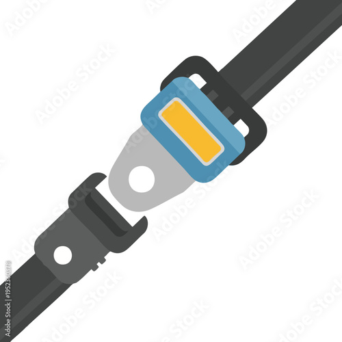 A close-up, flat illustration of a dark grey seatbelt with a blue buckle