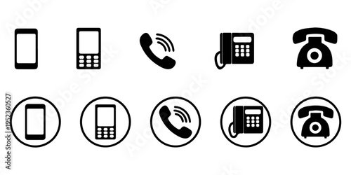 Telephone Icons: Smartphone, Mobile, and Desk Phone Designs.