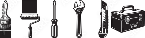 Black and White Illustration of DIY Tools and Toolbox