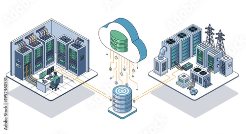 Digital data flowing from server room to cloud storage and power grid