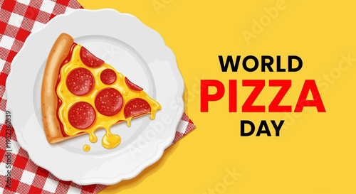 A delicious slice of pizza on a plate celebrates World Pizza Day with cheese and pepperoni.