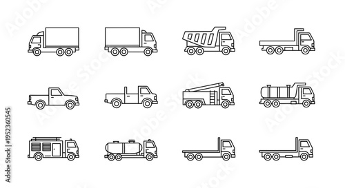 Collection of diverse truck and vehicle line art icons for transportation