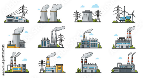 Collection of industrial factory buildings with smoke stacks and power lines
