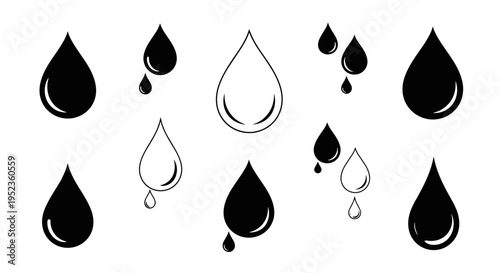 Collection of black and white water drop icons and symbols representing liquid