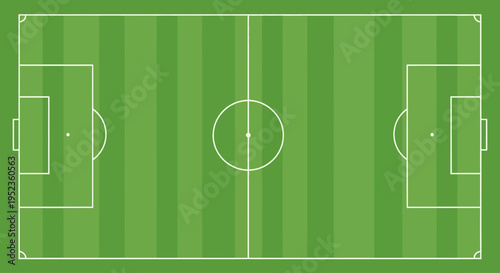 Aerial view of a green soccer field with white markings and goals