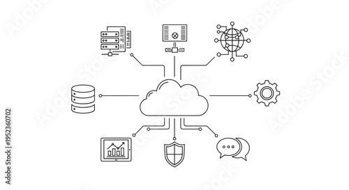 Cloud computing network diagram connecting data storage servers analytics security