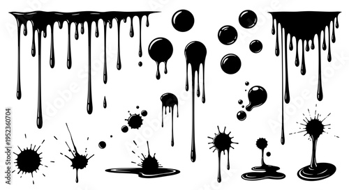 Black ink splatters and drips collection abstract artistic liquid stains and drops