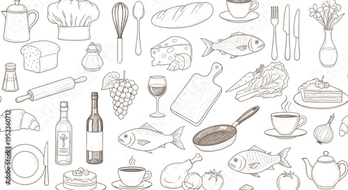 Hand drawn culinary and baking elements collage perfect for kitchen decor and food