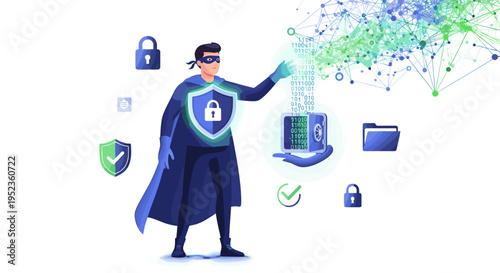 Superhero defender protecting digital data with a shield and futuristic technology