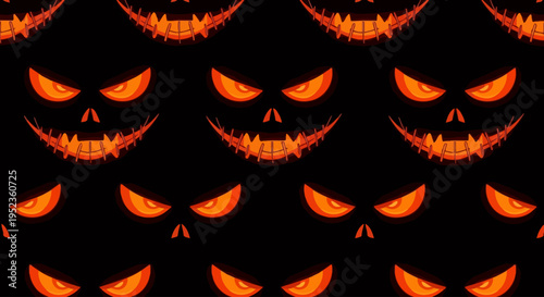 Spooky Halloween Jack O Lantern Faces Seamless Pattern With Evil Grinning Orange Eyes On A Dark Black Background
