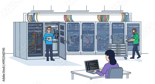 It professionals working in a modern server room with racks of equipment and cables
