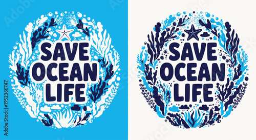 Graphic illustration of ocean life conservation signs on blue and white backgrounds