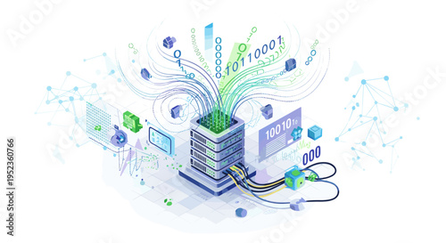 Digital data streams flowing from a futuristic server rack representing big data