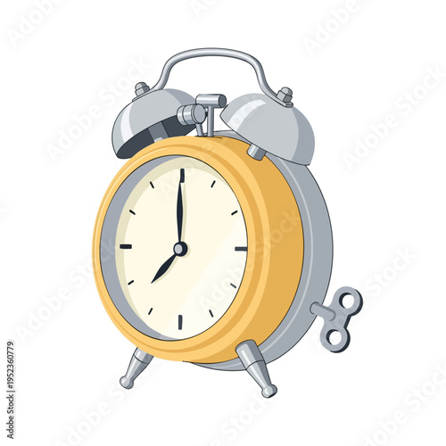 A vintage-style alarm clock with a yellow face, dual bells, and winding key