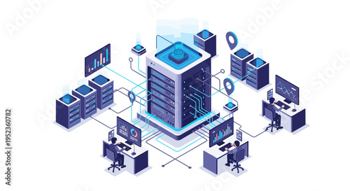 Modern data center server room with interconnected computers and digital