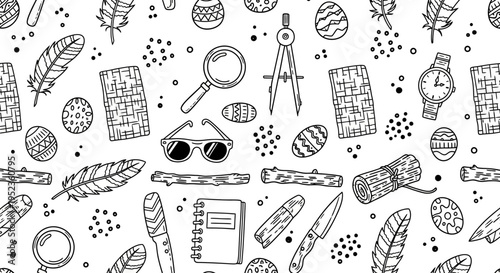 A whimsical collection of doodle-style illustrations featuring educational and outdoor adventure items, perfect for creative projects and themed designs