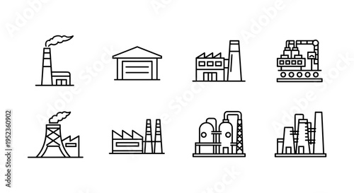 Collection of industrial factory and building icons featuring chimneys