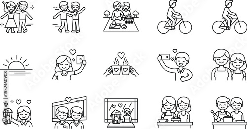 Couple's Lifestyle Icon Set Featuring Romantic Moments, Outdoor Activities, Selfies, and Shared Experiences
