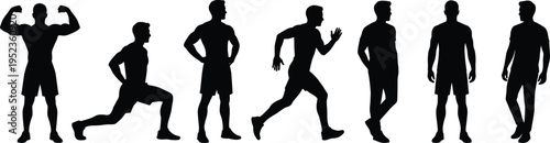 Collection of athletic male silhouettes featuring men running, lunging, flexing biceps, and standing in confident poses for fitness, sports, and healthy lifestyle concepts