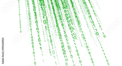 Green binary code streams falling diagonally on white background