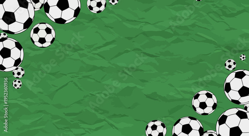 A vibrant green textured background adorned with a scattering of classic black and white soccer balls, creating a dynamic and energetic visual