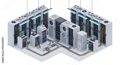 Modern data center server racks with cooling systems in isometric view technology