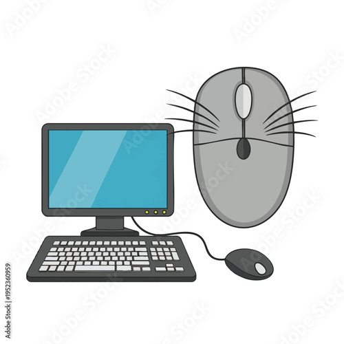 Cartoon computer, keyboard, mouse and a large mouse with whiskers