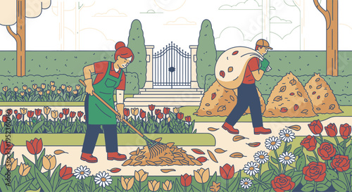 Gardener Raking Leaves While Man Carries Bag of Leaves.