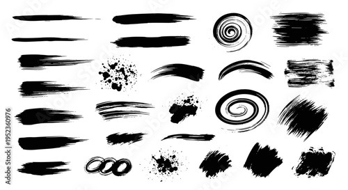 Collection of black ink brush strokes splatters and swirls isolated on white